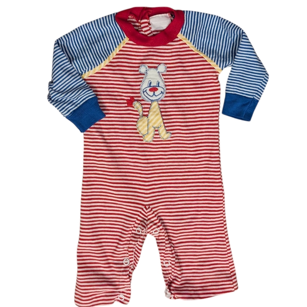 Vintage Red Blue Yellow Embroidered Dog Striped Infant Romper